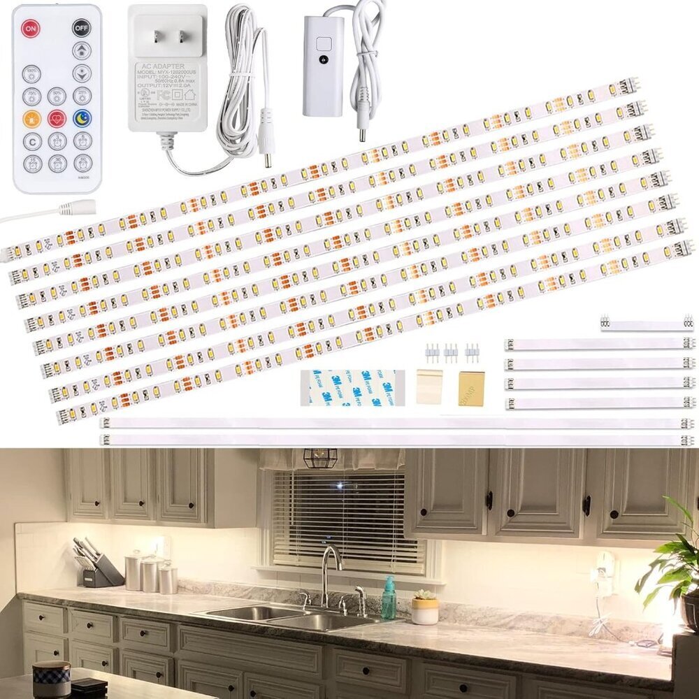 Under Cabinet LED Lighting kit, 8PCS LED Strip Lights with Remote Control Dimmer